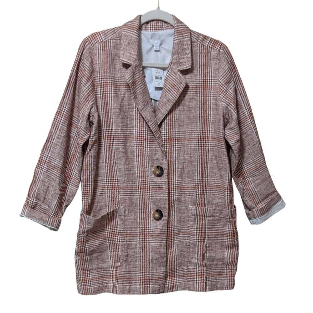 NWT J. JILL Harper Henna plaid relaxed linen boyfriend blazer SP